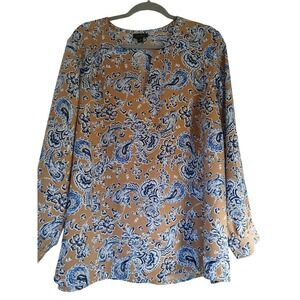 J. Jill WEAREVER Collection Tan Blue Paisley Print Long Sleeve Top XL